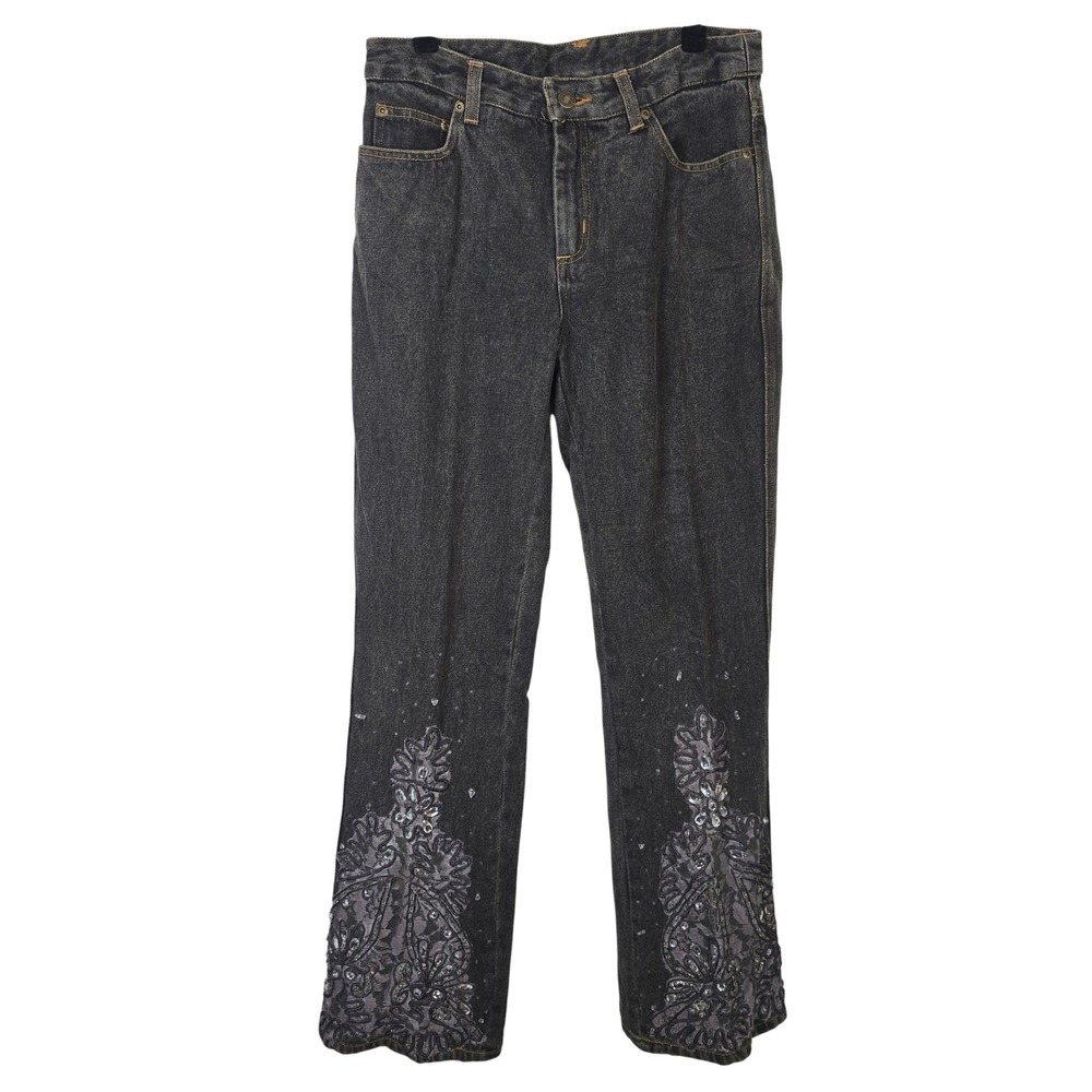Jeanology Collection Womens‎ 6 Embellished Lace Rhinestone Jeans Faded Black Y2K